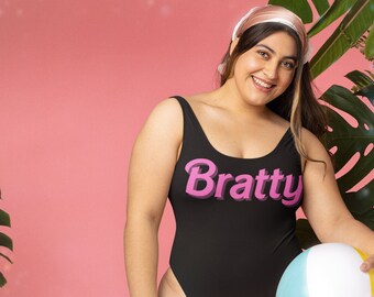 Bratty Pink Doll Font One-Piece Open Back Swimsuit Plus Size Swim wear Sexy Swimsuit Bachelorette Swimsuit