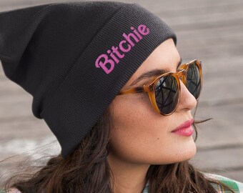 Embroidered Bitchie Beanie | Pink Doll Font, Unisex Cotton Blend