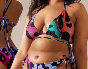 Unicorn Leopard Print Plus Size Bikini Top, All-Over Print Recycled Polyester, Size Inclusive Swimwear