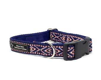 Coby Dog Collar in navy or beige, jacquard ribbon,handcrafted, luxury dog collar, luxury dog,dogs, pets,made in Scotland