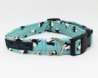 Aqua Skating Penguins dog collar,dog leash available to order, luxury dog collar, handcrafted, made in Scotland