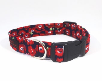 Poppies on Black Collar, luxury dog collar, matching lead available, dogs, pets,poppy, rememberence, handcrafted