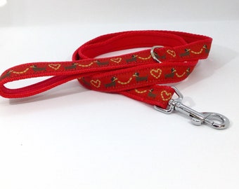 Red Dachshunds Dog Lead , handcrafted , matching luxury dog collar to order, luxury dog leash, dogs , pets, jacquard ribbon,