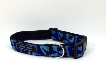 Camo collar in blue, handcrafted , luxury dog collar, luxury dog leash to match available , dogs , pets, made in Scotland, Kelsae Collars