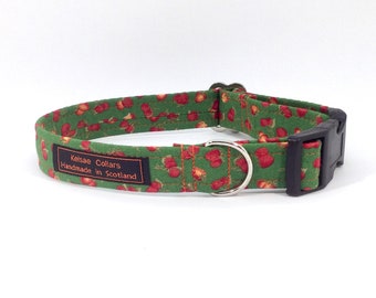 Strawberries and Cherries  dog collar, made in Scotland, luxury dog collar, Dogs, Pets, green, red