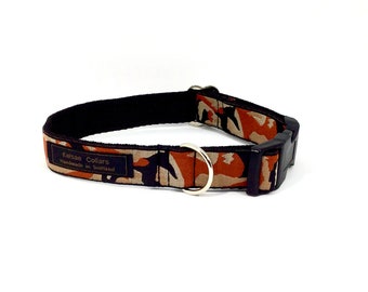Camo Lead in orange handcrafted , matching luxury dog collar to order, luxury dog leash, dogs , pets, jacquard ribbon,