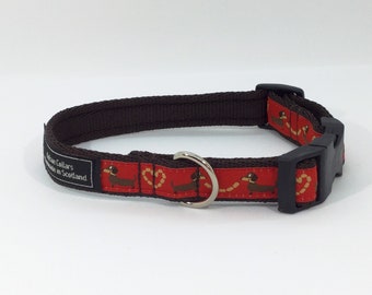 Red Dachshunds Collar, handcrafted , luxury dog collar, luxury dog leash to match available , dogs , pets, made in Scotland, Kelsae Collars