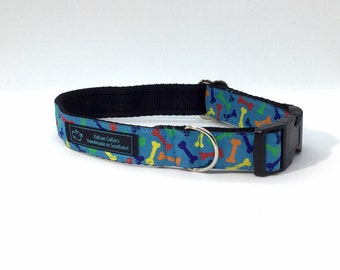 Mixed Bones Blue Collar,made in Scotland,jacquard ribbon,luxury dog collar, dogs, pets, handcrafted