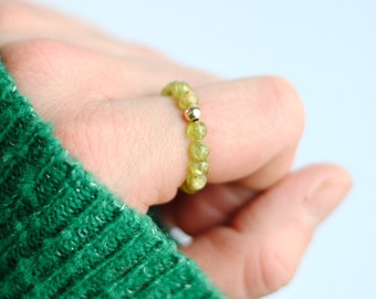 Peridot Beaded Stretch Ring with Gold Filled Accent // Stackable Stretch Ring