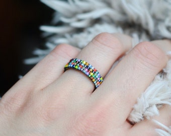 Narrow Beaded Colorblock Ring in Rainbow Single Weave // Multicolor Ring // Colorful Funky Jewelry