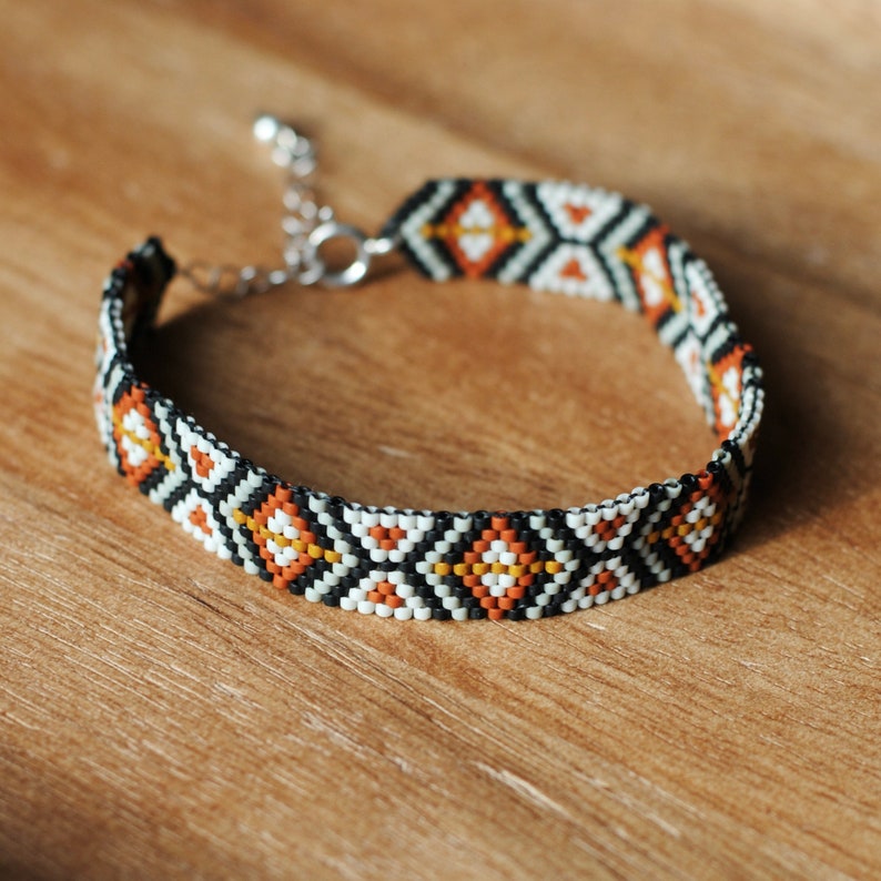 Handwoven Seed Beaded Bracelet in Black, White, and Brick with Sterling Silver Clasp, Boho Peyote Stitch Bracelet image 2