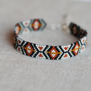 Handwoven Seed Beaded Bracelet in Black, White, and Brick with Sterling Silver Clasp, Boho Peyote Stitch Bracelet image 6