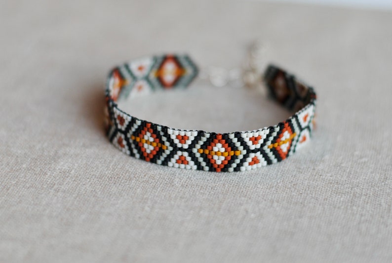 Handwoven Seed Beaded Bracelet in Black, White, and Brick with Sterling Silver Clasp, Boho Peyote Stitch Bracelet image 6