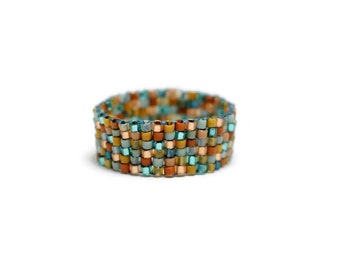Beaded Mosaic Ring in Teal & Terracotta Mix, Woven Ring, Boho Ring for Women, Seed Bead Jewelry