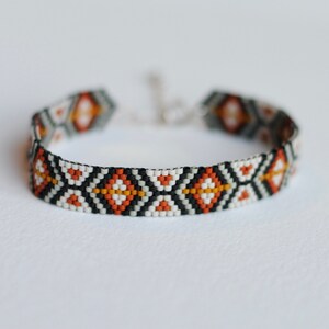 Handwoven Seed Beaded Bracelet in Black, White, and Brick with Sterling Silver Clasp, Boho Peyote Stitch Bracelet image 9