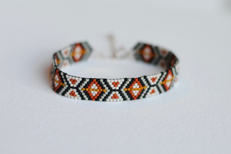 Handwoven Seed Beaded Bracelet in Black, White, and Brick with Sterling Silver Clasp, Boho Peyote Stitch Bracelet image 9