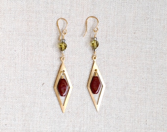 Gold Dangle Earrings with Green Swarovski Crystal and Maroon Glass Beads