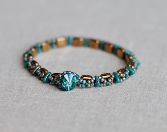 Beaded Tile Bracelet with Swarovski Crystal Button Closure // Bronze and Teal