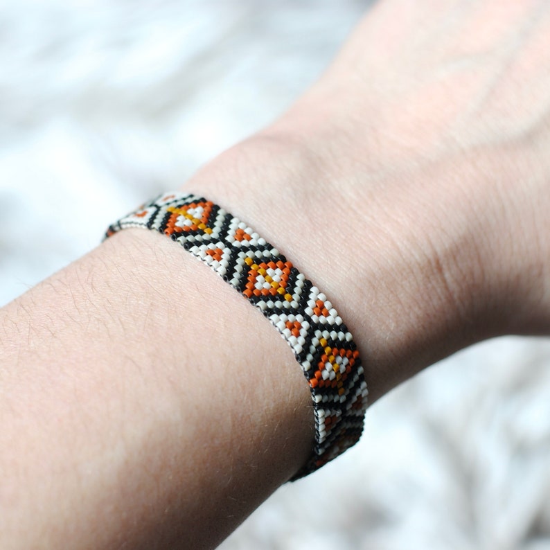 Handwoven Seed Beaded Bracelet in Black, White, and Brick with Sterling Silver Clasp, Boho Peyote Stitch Bracelet image 4