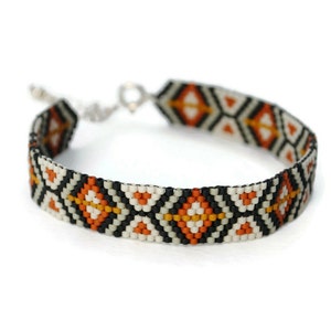 Handwoven Seed Beaded Bracelet in Black, White, and Brick with Sterling Silver Clasp, Boho Peyote Stitch Bracelet image 8