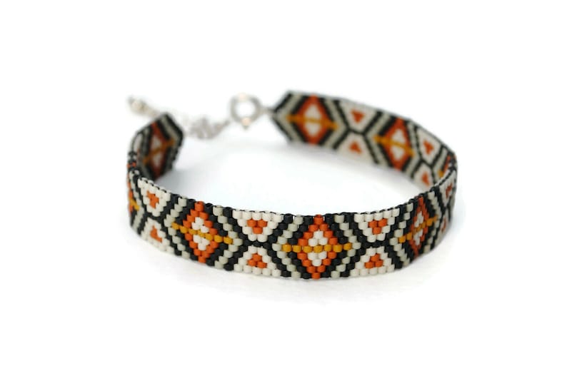 Handwoven Seed Beaded Bracelet in Black, White, and Brick with Sterling Silver Clasp, Boho Peyote Stitch Bracelet image 8