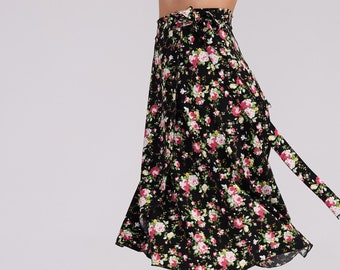 Rose Print (Wrap) Skirt COCO, Tango Skirt with Bow, Floral Print Skirt, Salsa Skirt, Tango Dance Skirt