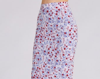 CLARA Red Floral & Royal Blue Tango Skirt in Reversible Design, Argentine Tango Dance Skirt, Pencil Skirt, Draped Skirt