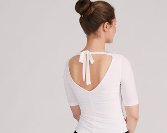 Size S** ANGEL Creme White Top with Sleeves and Bow, Tango Top, Dance Top, Top with Open Back, Elegant Top with Sleeves