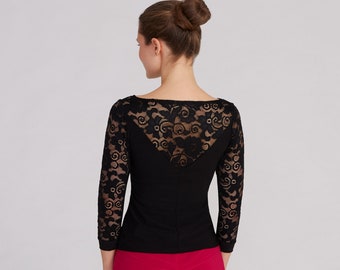 LUNA Black Lace Top with Sleeves, Dance Top, Top with Sleeves, Tango Top, Ballroom Top, Dancewear, Party Top