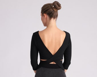FLORENCIA Cross Back Top with Sleeves in Black, Cross Back Top, Tango Top, Dance Top, Crop Top, Criss Cross Top