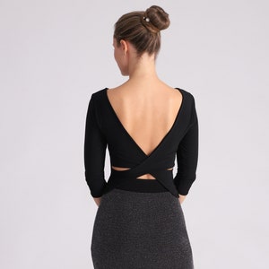FLORENCIA Cross Back Top with Sleeves in Black, Cross Back Top, Tango Top, Dance Top, Crop Top, Criss Cross Top