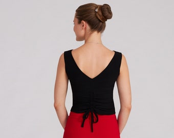 DORA Top drappeggiato in nero con schiena a V, top tango, top corto, top con fiocco, top salsa con schiena drappeggiata