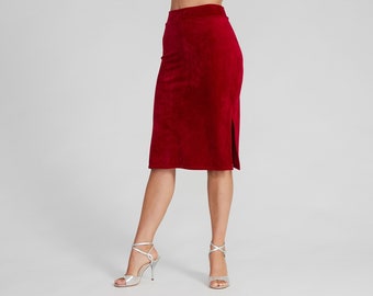MIA Red Velvet Skirt with Side Slits, Tango Dance Skirt, Pencil Skirt, Slit Skirt, Stretch Skirt, Elegant Straight Skirt