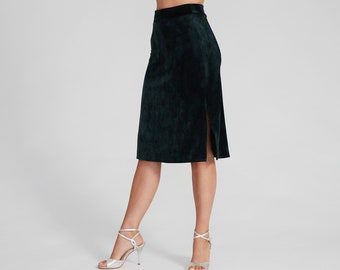 MIA Green Velvet Skirt with Side Slits, Tango Dance Skirt, Pencil Skirt, Slit Skirt, Stretch Skirt, Elegant Straight Skirt