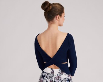 FLORENCIA Navy Blue Cross Back Top with Sleeves, Cross Back Top, Tango Top, Dance Top, Crop Top, Criss Cross Top