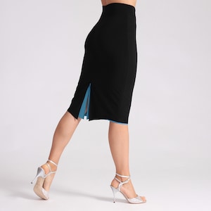 Reversible Tango Skirt in Light Blue/ Black – Elegant Pencil Dance Skirt with Slit – Design CLARA