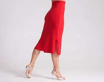 MIA Red Tango Skirt with Side Slits (Long Version), Tango Skirt, Dance Skirt, Fitted Red Skirt, Elegant Red Dance Skirt