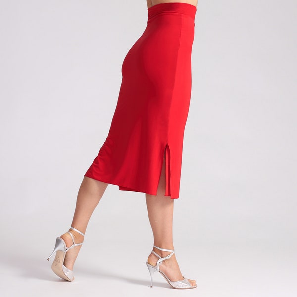 Jupe tango rouge avec fentes latérales (version longue) MIA, jupe tango, jupe de danse, jupe rouge ajustée, jupe de danse rouge élégante