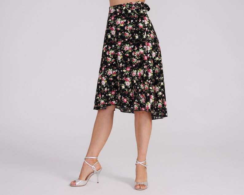 Rose Print wrap Skirt COCO, Tango Skirt With Bow, Floral Print Skirt, Salsa Skirt, Tango Dance