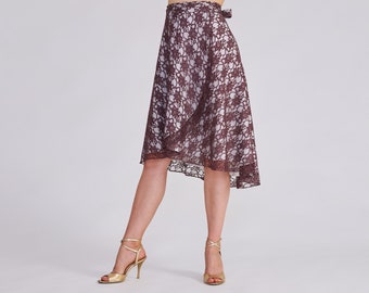 COCO Falda de tango de encaje marrón, falda envolvente, falda de tango, falda de baile, falda de salón, falda con lazo