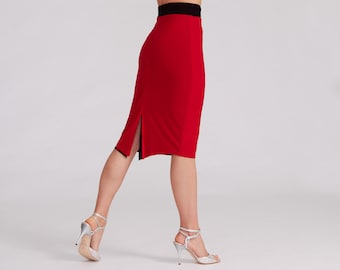 CLARA Reversible Skirt in Red / Black, Tango Dance Skirt, Ballroom Skirt, Pencil Skirt, Draped Skirt with Back Slit