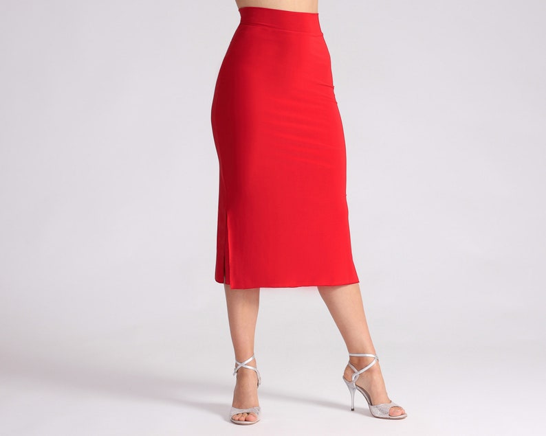 MIA Red Tango Skirt with Side Slits Long Version, Tango Skirt, Dance Skirt, Fitted Red Skirt, Elegant Red Dance Skirt image 4