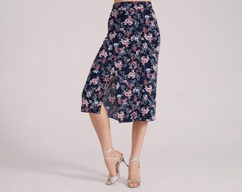 Wildflower Print Tango Skirt with Overlap and Slit VALERY, Floral Skirt, Dance Skirt, Ballroom Skirt, Argentine Tango Skirt