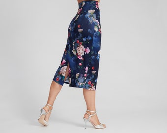 VALERY Vivid Blossom Tango Skirt with Overlap and Back Slit, Floral Skirt, Dance Skirt, Tango Show Skirt