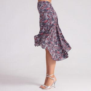 PAOLA Red Florals Tango Skirt with Slit, Dance Skirt, Ballroom Tango Skirt, Stretch Skirt, Flow Skirt