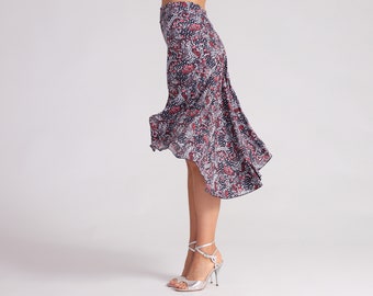 PAOLA Red Florals Tango Skirt with Slit, Dance Skirt, Ballroom Tango Skirt, Stretch Skirt, Flow Skirt