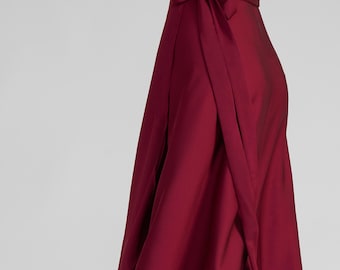 Bordeaux Red Satin Tango Wrap Skirt with Bow – Elegant Ballroom Dance Skirt – GINA