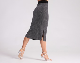 MIA Silver Tango Skirt with Side Slits (Long Version), Dance Skirt, Dancewear, Straight Silver Skirt, Elegant Dance Skirt