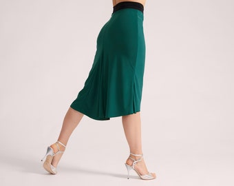 JAZMIN Green Reversible Tango Skirt, Godet Skirt, Dance Skirt, Tango Show Skirt with Flow