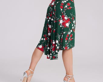 Size XS // Red Rose Print Fishtail Tango Skirt, Floral Dance Skirt – PAOLA